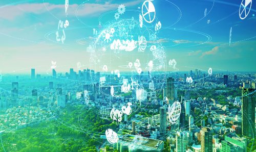 Picture of a cityscape with different sustainability icons on top