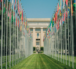 Flags and the headquarters of United Nations