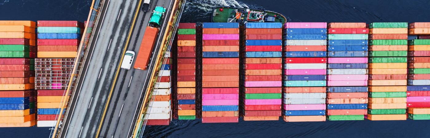 Cargo ship passes under bridge 