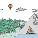 Drawing of landscape depicting a forest and mountain by the sea. A boat and an air balloon can be seen.